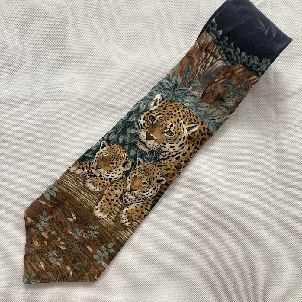 Vintage 1995 Endangered Species Silk Tie Jaguar Jungle Marc Dennis NWT